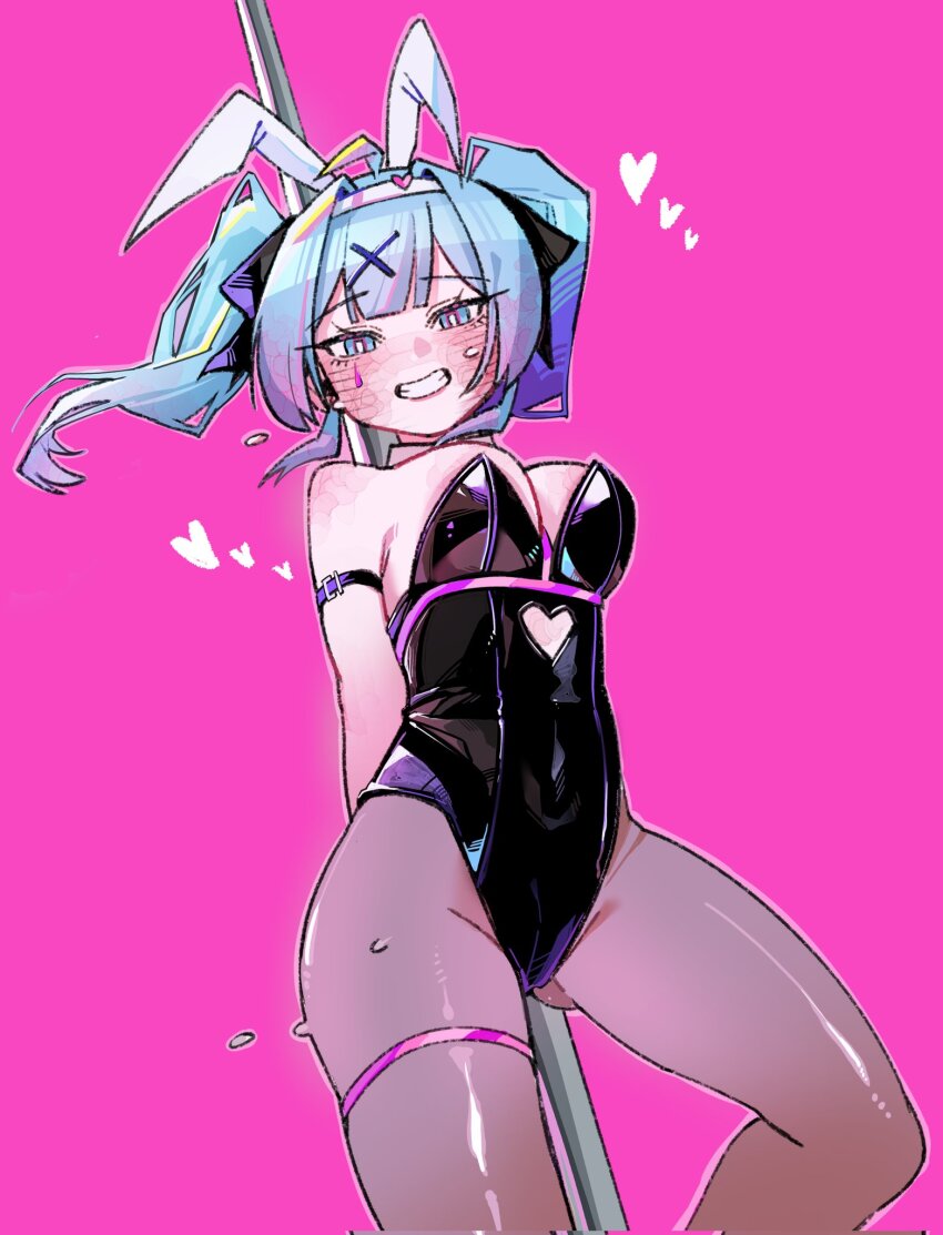 1girl, animal_ears, bare_shoulders, black_leotard, blue_eyes, blue_hair, blush, bow, bowtie, detached_collar, dguadraw, fake_animal_ears, hair_ornament, hashtag-only_commentary, hatsune_miku, heart, highres, leotard, looking_at_viewer, pantyhose, playboy_bunny, rabbit_ears, rabbit_hole_(vocaloid), ribbon, smile, twintails, vocaloid, x_hair_ornament