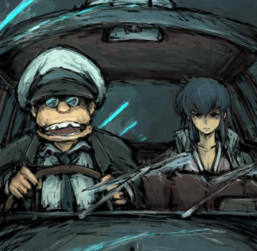 car, character_request, driving, glasses, hat, moto_murabito, motor_vehicle, mujaki_(urusei_yatsura), sakura_(urusei_yatsura), sitting, sketch, traditional_media, urusei_yatsura