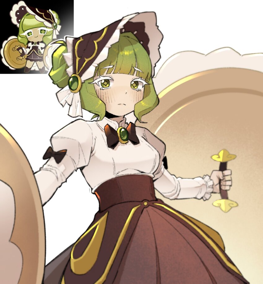 1girl, bodysuit, commentary_request, cookie_run, cookie_run:_kingdom, dguadraw, dress, green_hair, green_tea_mousse_cookie, green_tea_mousse_cookie_(soft_laced_bonnet), hair_bun, highres, hime_cut, holding, humanization, korean_commentary, long_hair, looking_at_viewer, official_alternate_costume, official_art_inset, reference_inset, shield, short_hair, simple_background, white_background