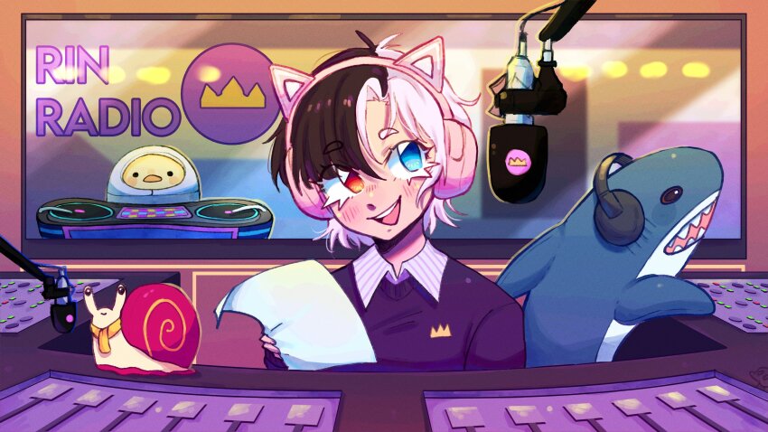 1girl, :d, absurdres, animal_ear_headphones, animal_ears, black_hair, blue_eyes, blush, cat_ear_headphones, cat_ears, character_name, chromashift, closed_mouth, collared_shirt, commentary, english_commentary, english_text, eyelashes, fake_animal_ears, headphones, heterochromia, highres, holding, holding_paper, ikea_shark, lucinda_grey, microphone, mixing_console, multicolored_hair, open_mouth, paper, phonograph, purple_shirt, radio_booth, red_eyes, rin_penrose, scarf, scrunkly_(rin_penrose), shirt, short_hair, smile, snail, snebby_(rin_penrose), split-color_hair, stuffed_animal, stuffed_shark, stuffed_toy, teeth, turntable, two-tone_hair, upper_teeth_only, virtual_youtuber, white_hair, window, yellow_scarf