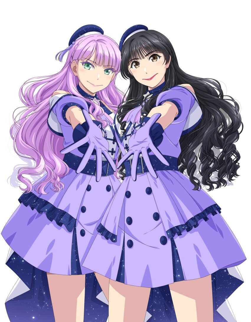 2girls, animification, bare_shoulders, beret, black_hair, blue_gloves, blue_hat, blue_shirt