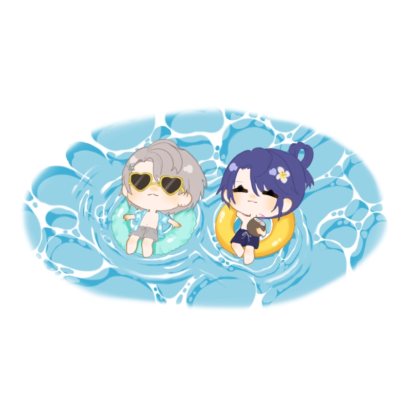 2boys, ^_^, arm_behind_head, bare_legs, barefoot, blue_hair, blue_jacket, blue_male_swimwear