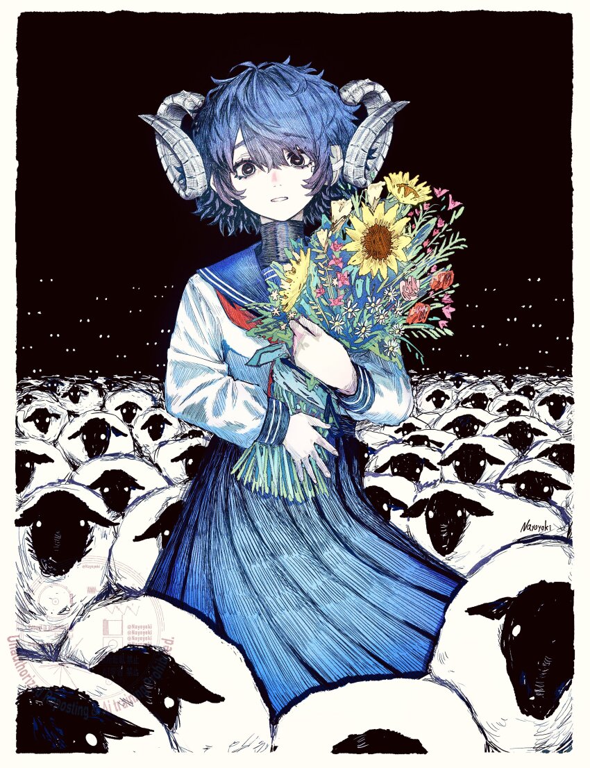 1girl, absurdres, bandaged_ear, black_background, black_eyes, blue_hair, blue_sailor_collar, blue_skirt, border, bouquet, commentary, cowboy_shot, curled_horns, english_commentary, eyes_in_shadow, flock, flower, gradient_hair, hair_between_eyes, hands_up, highres, holding, holding_bouquet, horizontal_pupils, horns, horror_(theme), hugging_object, long_sleeves, looking_at_viewer, multicolored_hair, natsushiro_kisame, nayoyoki, neckerchief, open_mouth, original, pleated_skirt, red_neckerchief, sailor_collar, school_uniform, serafuku, sheep, sheep_girl, sheep_horns, shirt, skirt, solo, standing, sunflower, too_many_sheep, watermark, white_border, white_shirt, wool