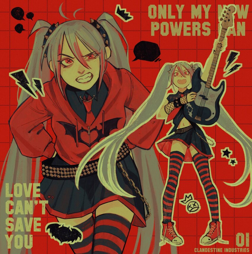 1girl, alternate_costume, belt, emo_fashion, guitar, hatsune_miku, highres, instrument, oa_lien, punk, red_eyes, shoes, sneakers, thighhighs, twintails, vocaloid
