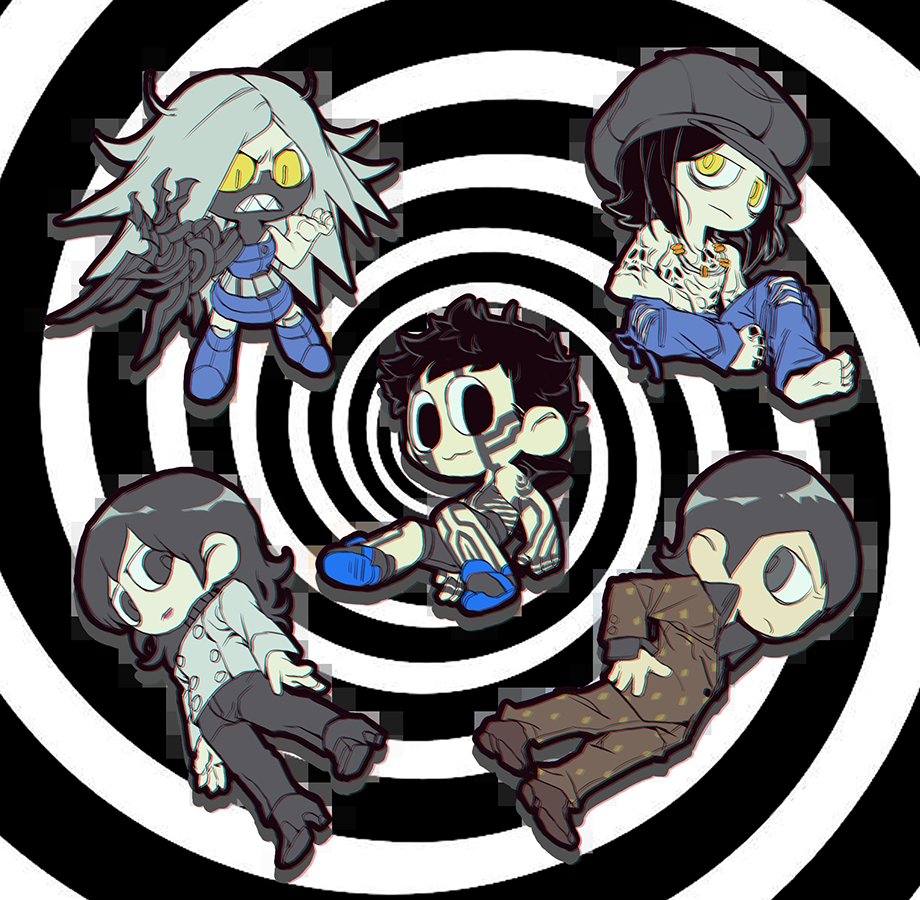 >:(, 2girls, 3boys, :3, barefoot, black_eyes, black_hair, black_hat