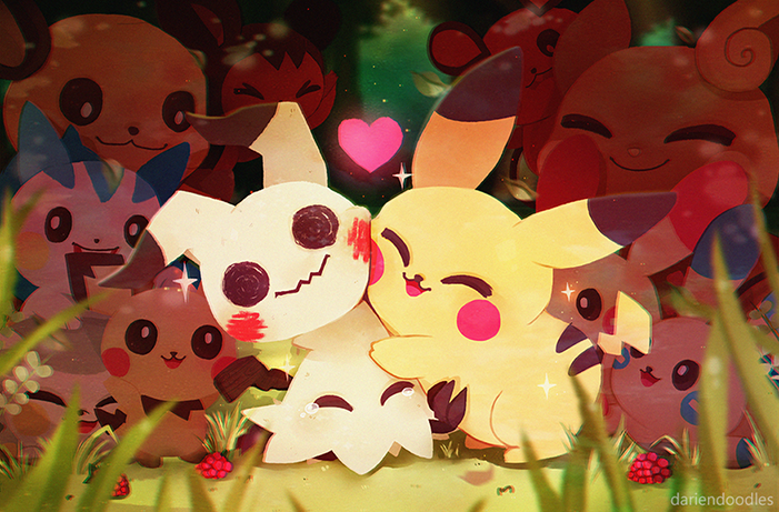 alolan_form, alolan_raichu, berry_(pokemon), bright_pupils, closed_eyes, closed_mouth, commentary, dariendoodles, dedenne, emolga, english_commentary, evolutionary_line, gen_1_pokemon, gen_2_pokemon, gen_3_pokemon, gen_4_pokemon, gen_5_pokemon, gen_6_pokemon, gen_7_pokemon, grass, happy, heart, mimikyu, minun, nintendo, no_humans, open_mouth, outdoors, pachirisu, pichu, pikachu, plusle, pokemon, pokemon_(creature), raichu, razz_berry, smile, togedemaru, white_pupils