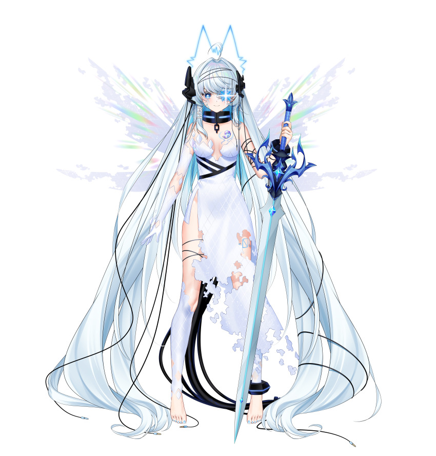 1girl, absurdres, ahoge, artist_request, barefoot, black_ankle_cuffs, black_collar, black_wrist_cuffs