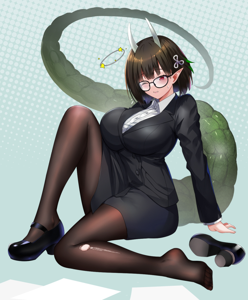 1girl, biscione_(fate), biscione_(first_ascension)_(fate), breasts, brown_hair, brown_pantyhose, dragon_horns, dragon_tail