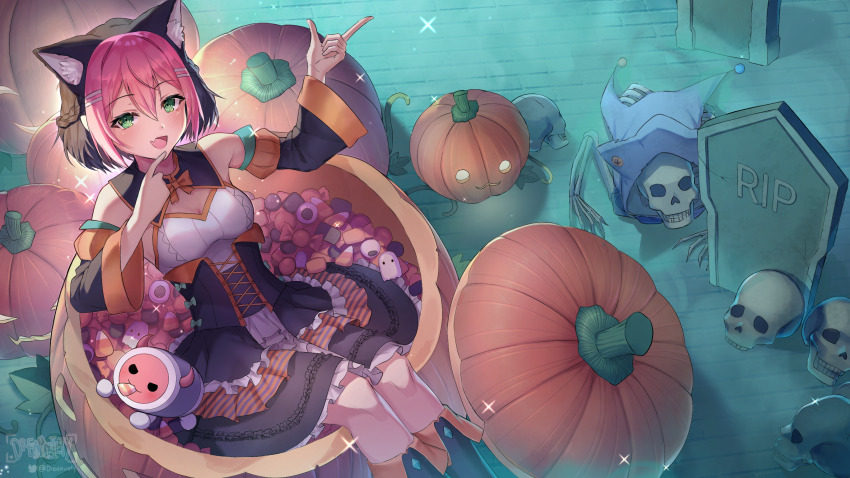 1girl, :d, bare_shoulders, black_boots, black_corset, black_hair, black_sleeves, boots