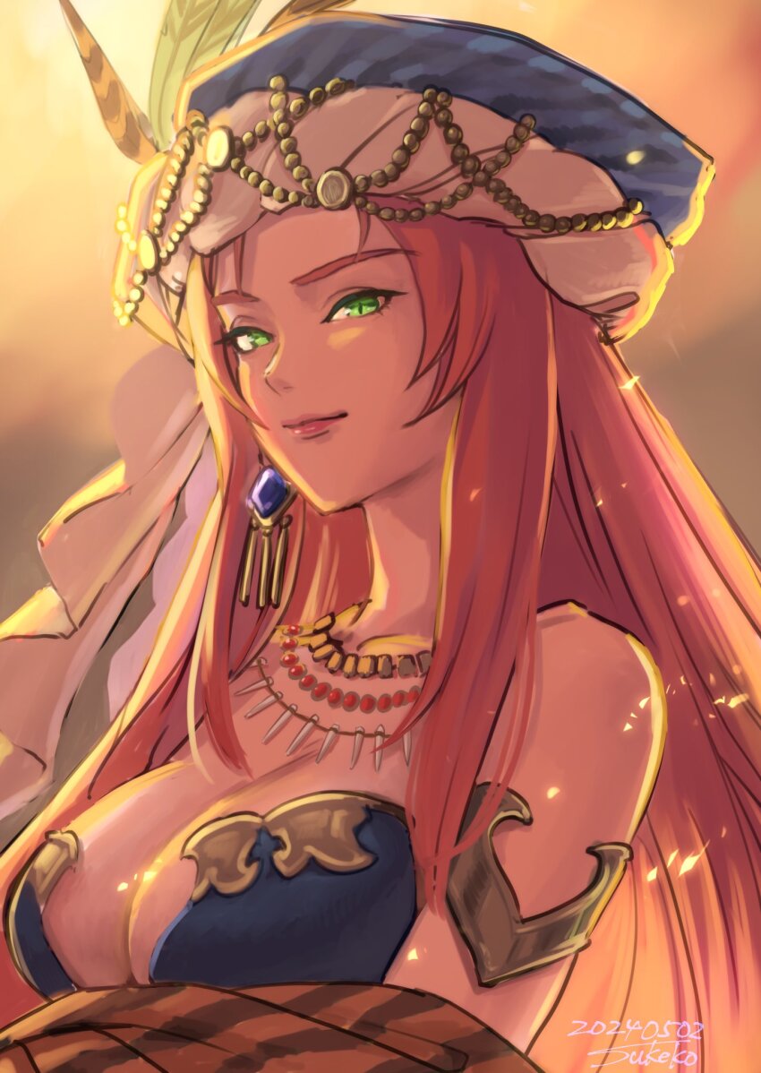 1girl, armlet, artist_name, bare_shoulders, belladonna_(seiken_densetsu_3), breasts, brown_background, character_request