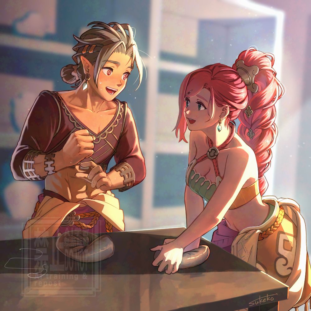 1boy, 1girl, @_@, artist_name, bare_arms, bare_shoulders, blue_eyes, blurry, blurry_background, blush, breasts, brown_shirt, cleavage, commentary_request, couple, crop_top, earrings, eoren_(visions_of_mana), green_shirt, grey_hair, hair_ornament, hairclip, halterneck, hetero, jewelry, long_hair, lyza_(visions_of_mana), medium_breasts, midriff, open_mouth, parted_bangs, pointy_ears, red_eyes, red_hair, sash, seiken_densetsu, shirt, smile, sweatdrop, swept_bangs, taruneko2006, two-tone_shirt, upper_body, visions_of_mana, waist_sash, wide_ponytail, yellow_shirt