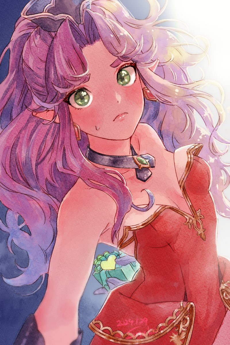 1girl, angela_(seiken_densetsu_3), arm_behind_back, artist_name, bare_shoulders, black_gloves, blush, box