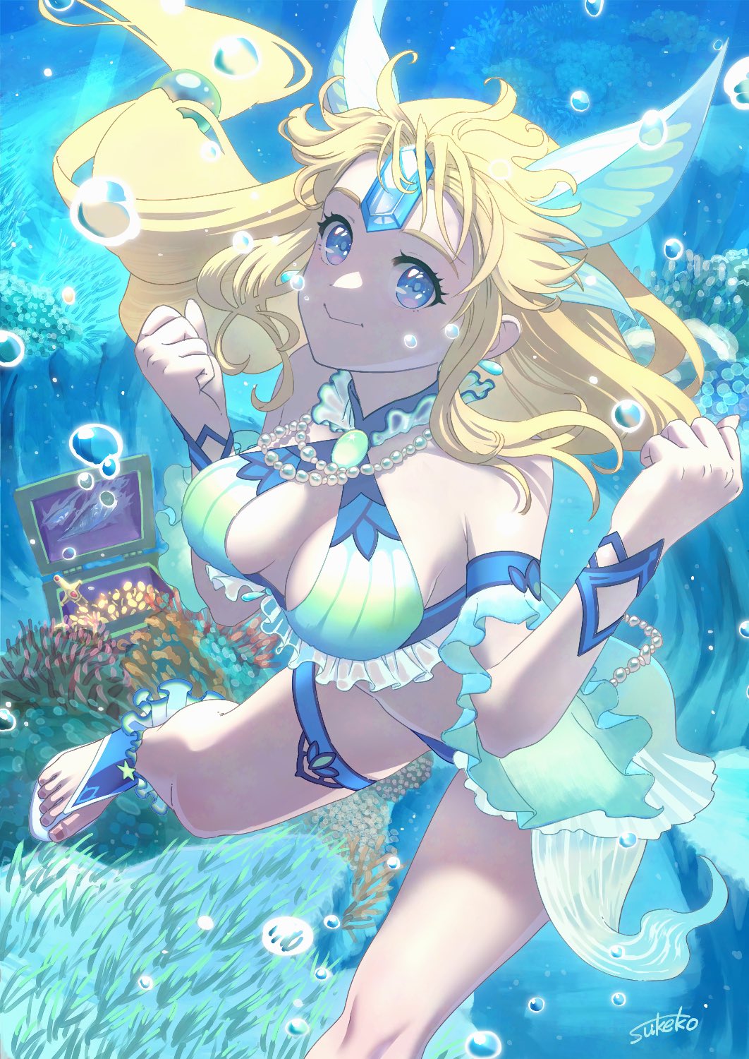 1girl, air_bubble, artist_name, bare_shoulders, blonde_hair, blue_eyes, blue_gem, breasts, bubble, cleavage, closed_mouth, coral_reef, detached_sleeves, foot_out_of_frame, forehead_jewel, gem, head_wings, highres, holding_breath, jewelry, long_hair, looking_at_viewer, low-tied_long_hair, medium_breasts, midriff, necklace, pearl_necklace, riesz, sandals, seiken_densetsu, seiken_densetsu_3, smile, solo, taruneko2006, thigh_strap, treasure_chest, underwater, w_arms, wings