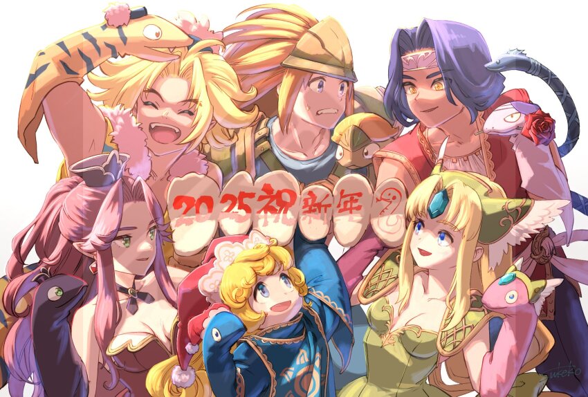 2025, 3boys, 3girls, angela_(seiken_densetsu_3), animal_print, armor, bare_shoulders, blonde_hair, blue_gem, blue_hair, breasts, brown_hair, charlotte_(seiken_densetsu_3), chinese_zodiac, cleavage, clenched_teeth, closed_mouth, cross_tie, curly_hair, duran_(seiken_densetsu_3), fangs, flower, flower_in_mouth, forehead_jewel, gem, green_eyes, hat, hawkeye_(seiken_densetsu_3), helmet, highres, kevin_(seiken_densetsu_3), medium_breasts, mini_hat, multiple_boys, multiple_girls, open_mouth, parted_bangs, ponytail, purple_hair, red_flower, red_hat, red_rose, riesz, rose, santa_hat, seiken_densetsu, seiken_densetsu_3, shoulder_armor, sidelocks, smile, sweatdrop, taruneko2006, teeth, tiger_print, upper_body, white_background, winged_helmet, year_of_the_snake