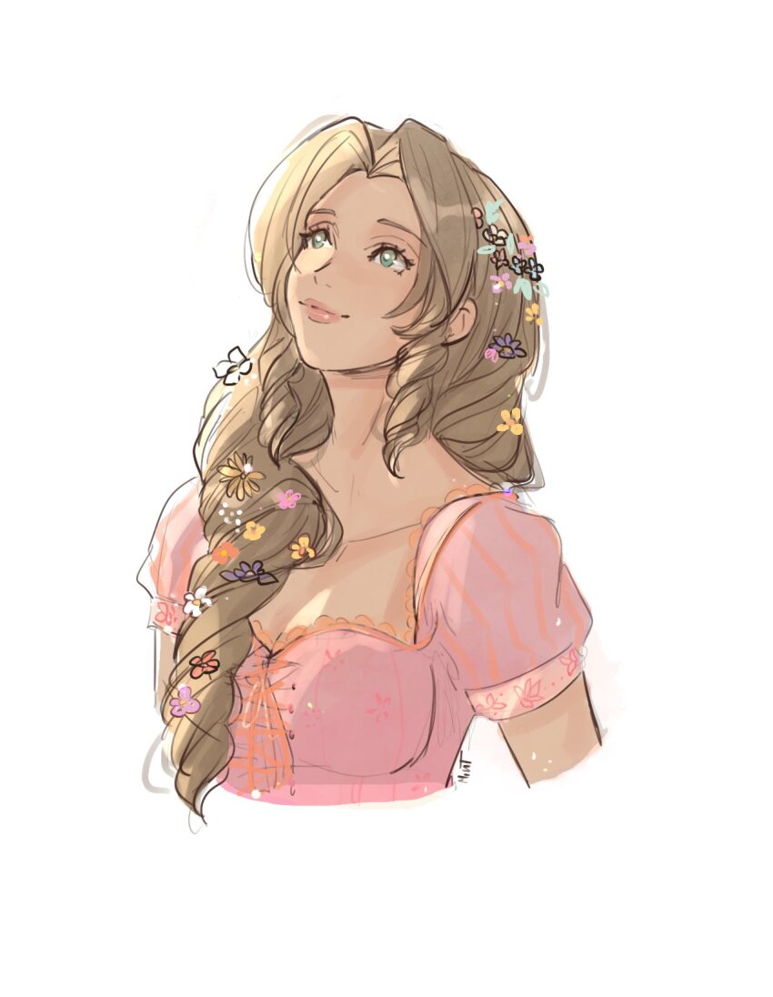 1girl, aerith_gainsborough, artist_name, braid, breasts, cleavage, closed_mouth, collarbone