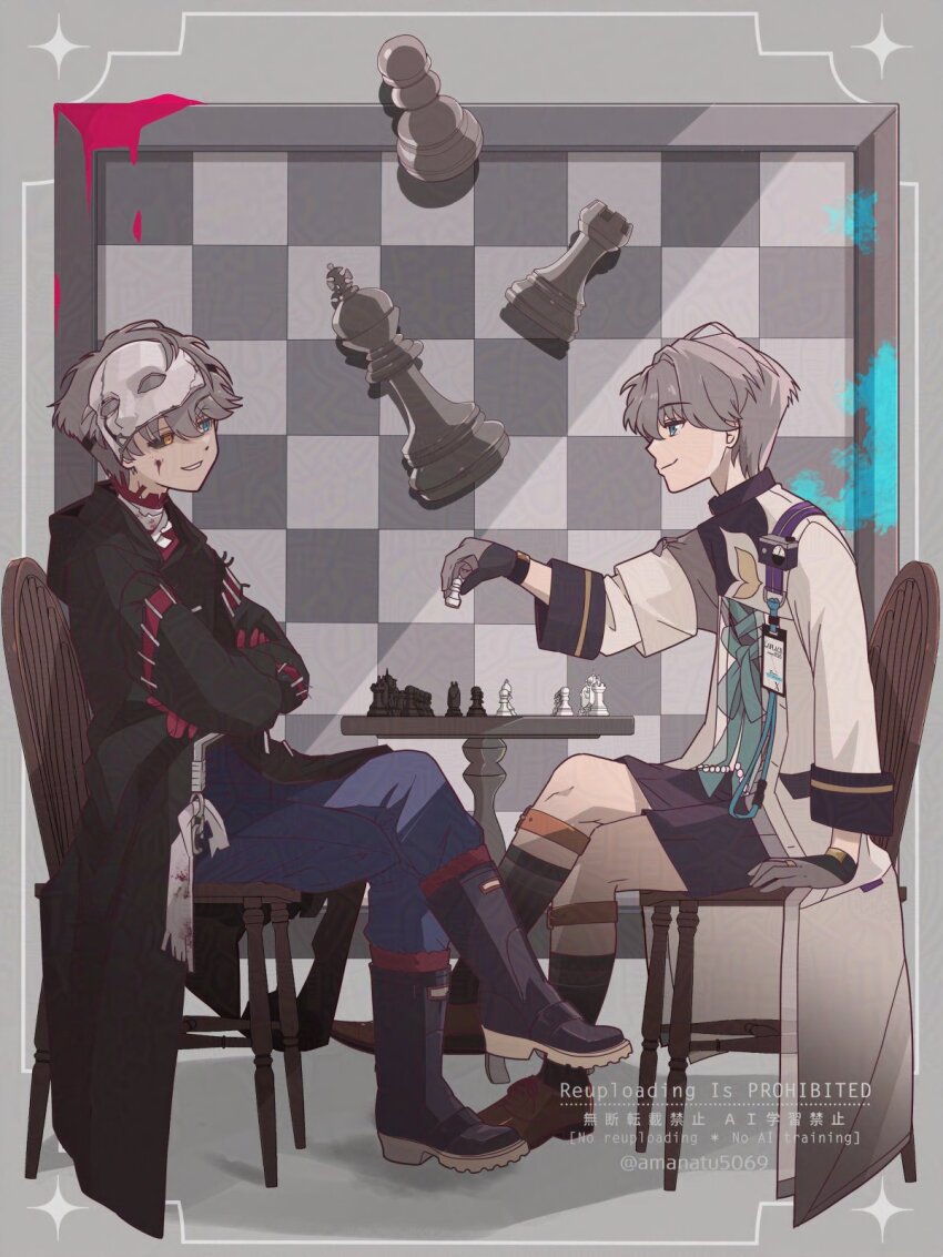 2boys, adversarial_noise, amanatsu_(amanatu5069), black_boots, black_coat, black_sclera, black_shorts, black_socks