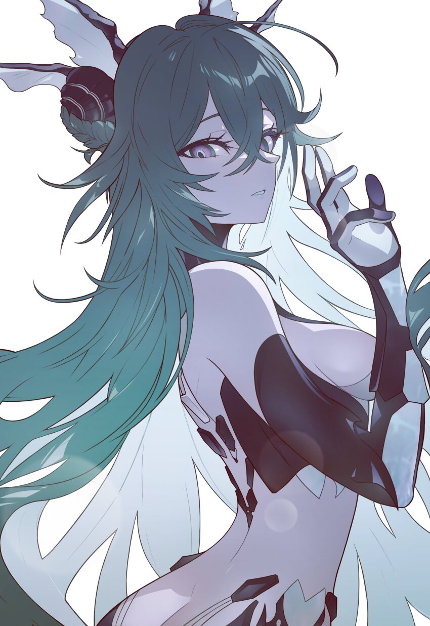 1girl, absurdres, breasts, butt_crack, green_eyes, hair_between_eyes, highres, lamia:_lost_lullaby_(pgr), lamia_(pgr), long_hair, looking_at_viewer, looking_to_the_side, medium_breasts, open_mouth, punishing:_gray_raven, sideboob, simple_background, solo, syookyo, white_background