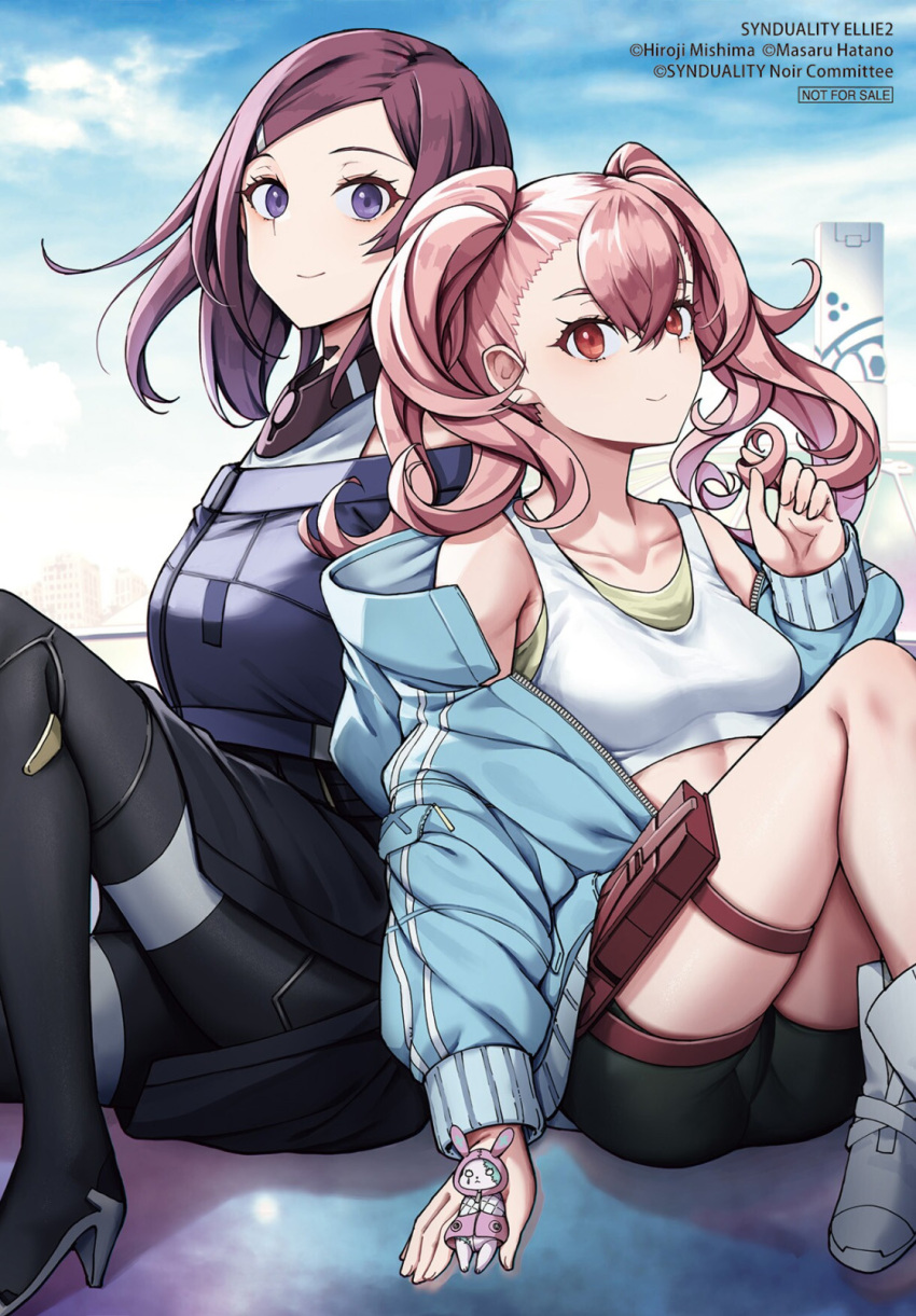 2girls, ange_(synduality), back-to-back, bare_shoulders, bike_shorts, blue_sky, boots, building