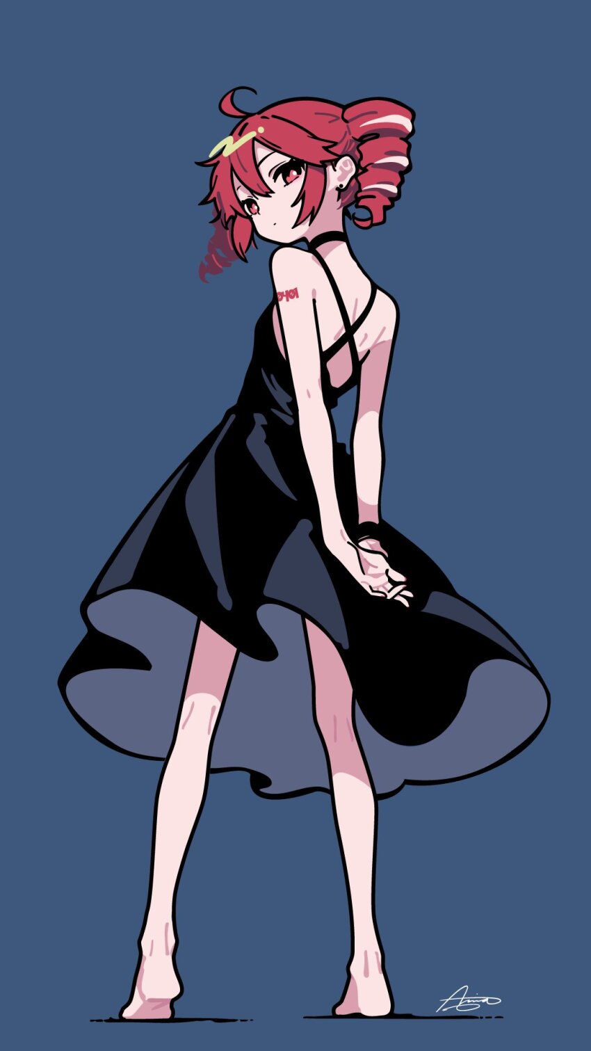 1girl, ahoge, alternate_costume, ameniwa, arm_behind_back, bare_shoulders, black_dress, blue_background