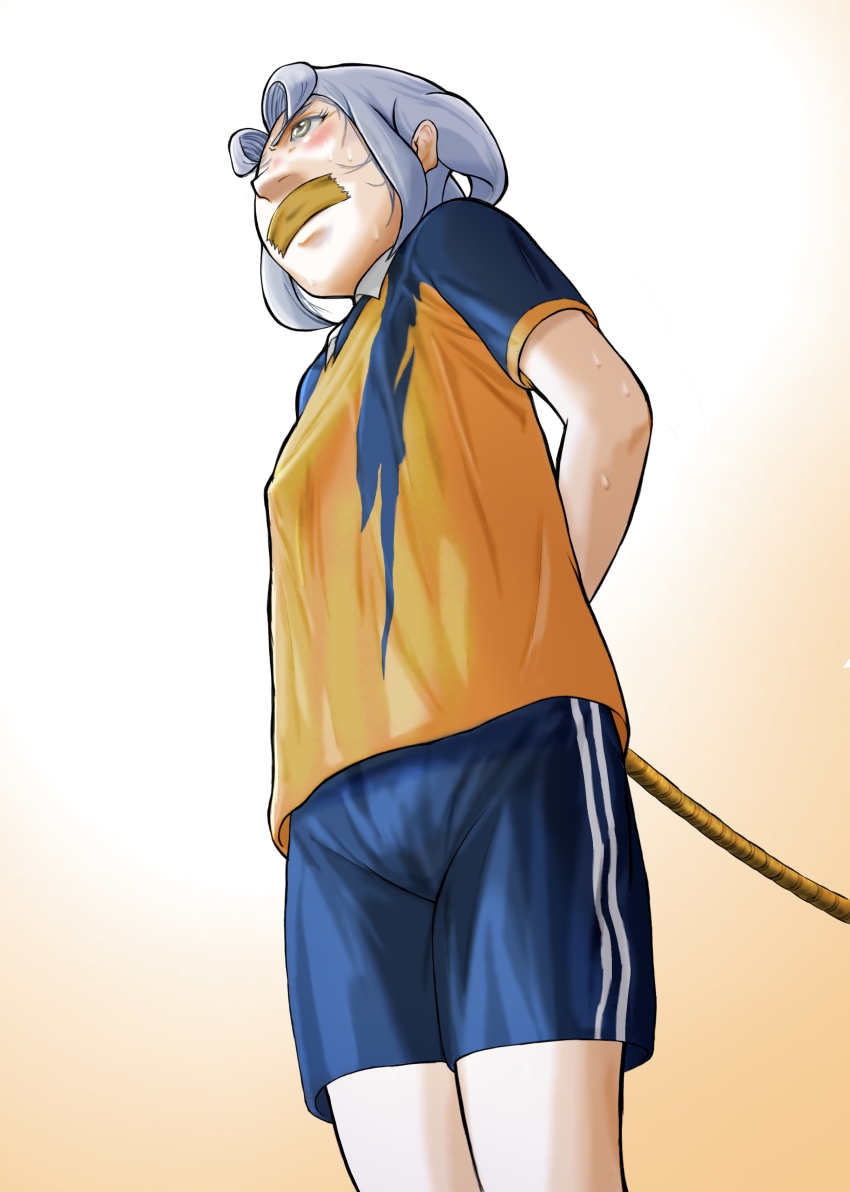 1girl, absurdres, aizak, akasode_matsuri_(inazuma_eleven), bdsm, blue_shorts, bondage, bound