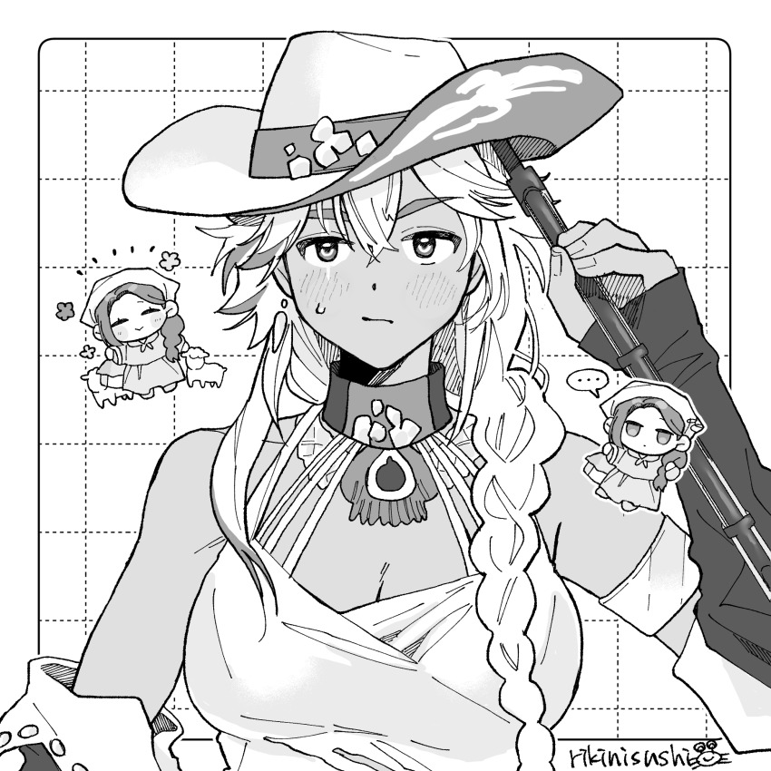 ..., 2girls, :/, argus_(reverse:1999), artist_name, bare_shoulders, braid, breasts, chibi, chibi_inset, choker, cleavage, cowboy_hat, detached_sleeves, greyscale, grid_background, gun, hand_up, hat, highres, holding, holding_gun, holding_weapon, kayla_(reverse:1999), large_breasts, long_braid, looking_at_viewer, monochrome, multiple_girls, peacock_feathers, reverse:1999, rifle, rikini_sushi, scar, scar_across_eye, scar_on_face, single_braid, solo_focus, speech_bubble, spoken_ellipsis, sweat, tank_top, upper_body, weapon