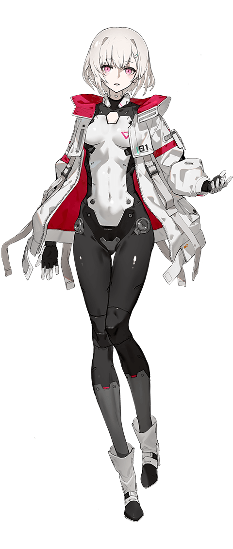 1girl, ada_(synduality), arm_up, belt, bob_cut, bodysuit, boots, full_body, hair_ornament, hairclip, high_heel_boots, high_heels, hood, hooded_jacket, jacket, magus_(synduality), mechanical_collar, neco, official_art, parted_lips, standing, standing_on_one_leg, synduality, synduality_echo_of_ada, white_hair