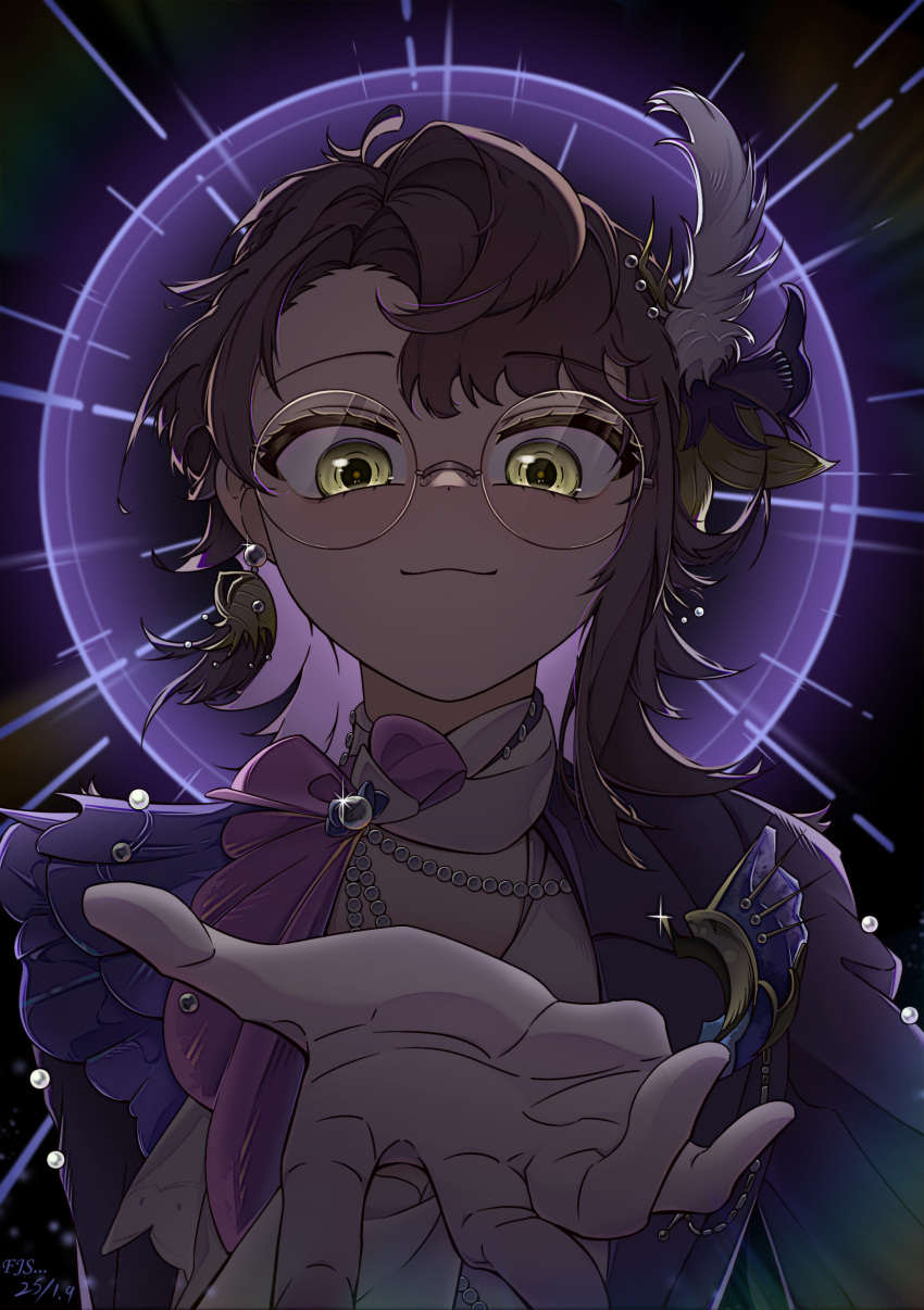 1girl, :3, absurdres, backlighting, black_background, brown_hair, feather_hair_ornament, feathers