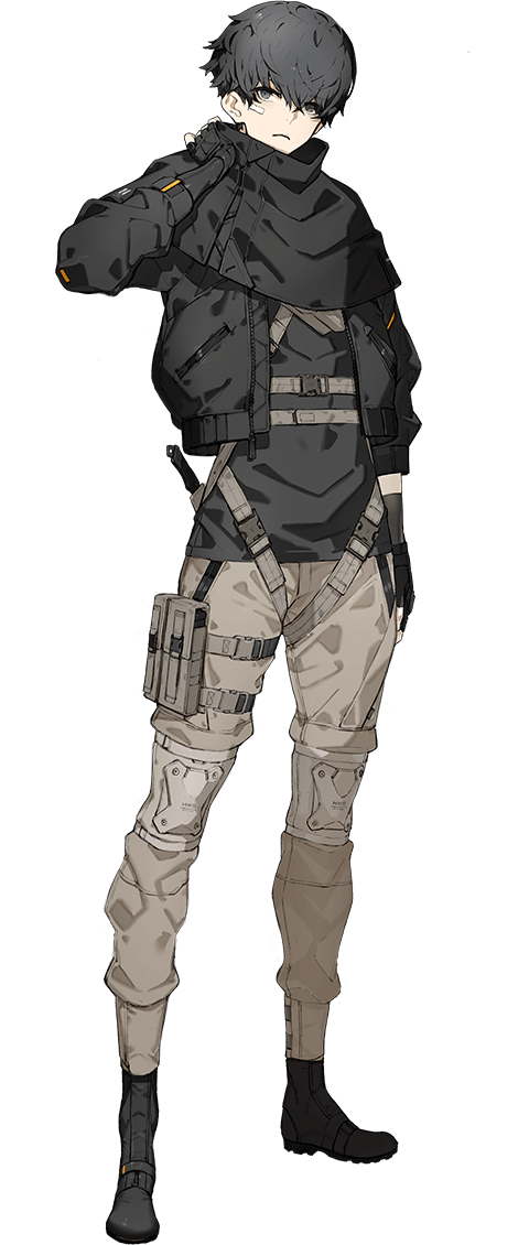 1boy, alba_(synduality), bandage_on_face, bandages, high-waist_belt, black_hair, black_shirt, boots