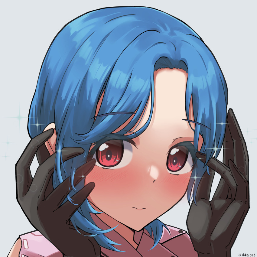 1girl, black_gloves, blue_hair, blush, collared_shirt, commentary_request, curtained_hair, embarrassed, gloves, hand_up, highres, looking_at_viewer, love_live!, love_live!_superstar!!, ookuma_wakana, pink_shirt, portrait, red_eyes, rikka006, shirt, short_hair, solo, voice_actor_connection, wakana_shiki