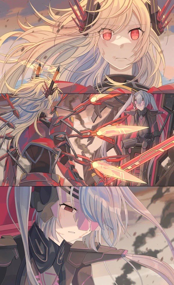 2girls, armor, blonde_hair, bodysuit, chinese_commentary, closed_mouth, commentary_request, defeat