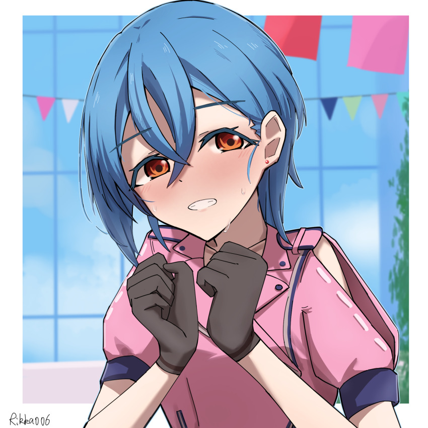 1girl, artist_name, black_gloves, blue_hair, blush, border, clenched_hands, clothing_cutout