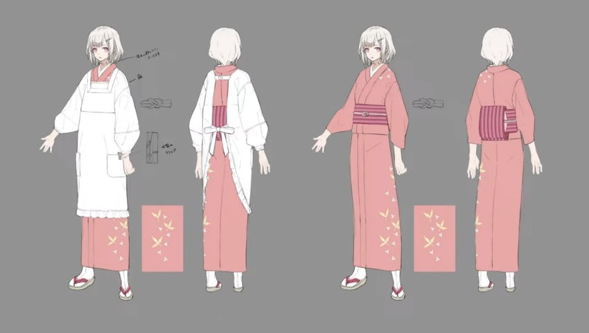 1girl, ada_(synduality), apron, bob_cut, concept_art, floral_print, frilled_apron, frills