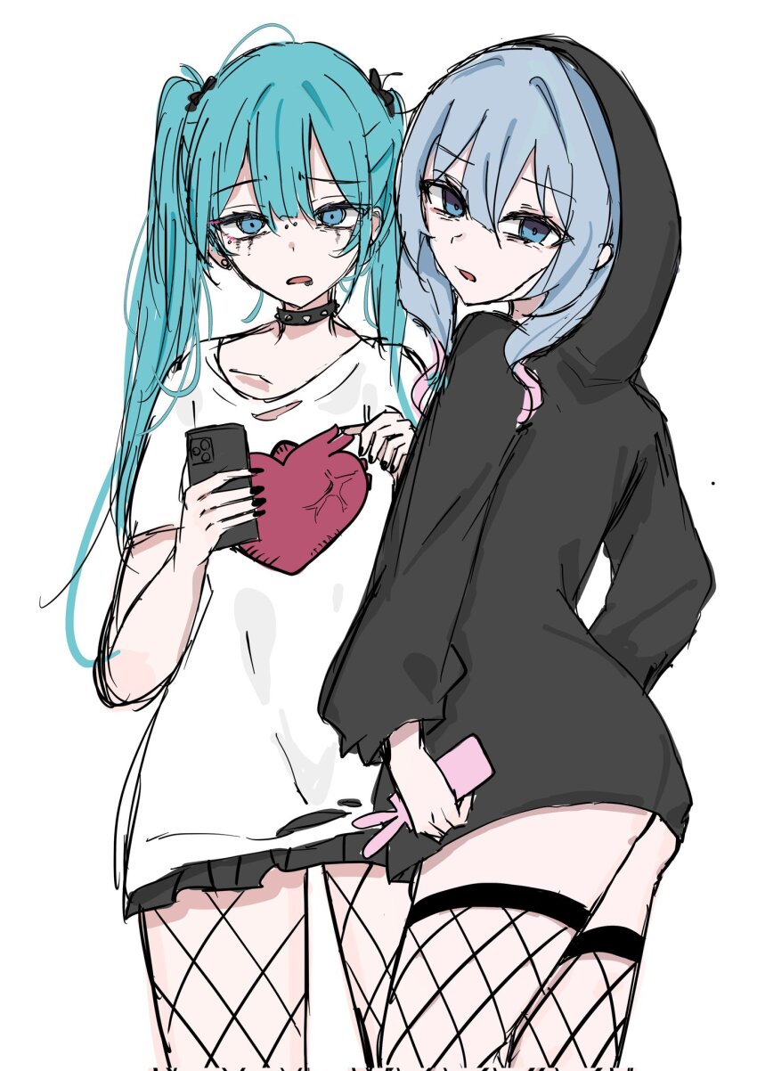 2girls, aqua_eyes, aqua_hair, black_hoodie, black_nails, black_skirt, blue_eyes, blue_hair