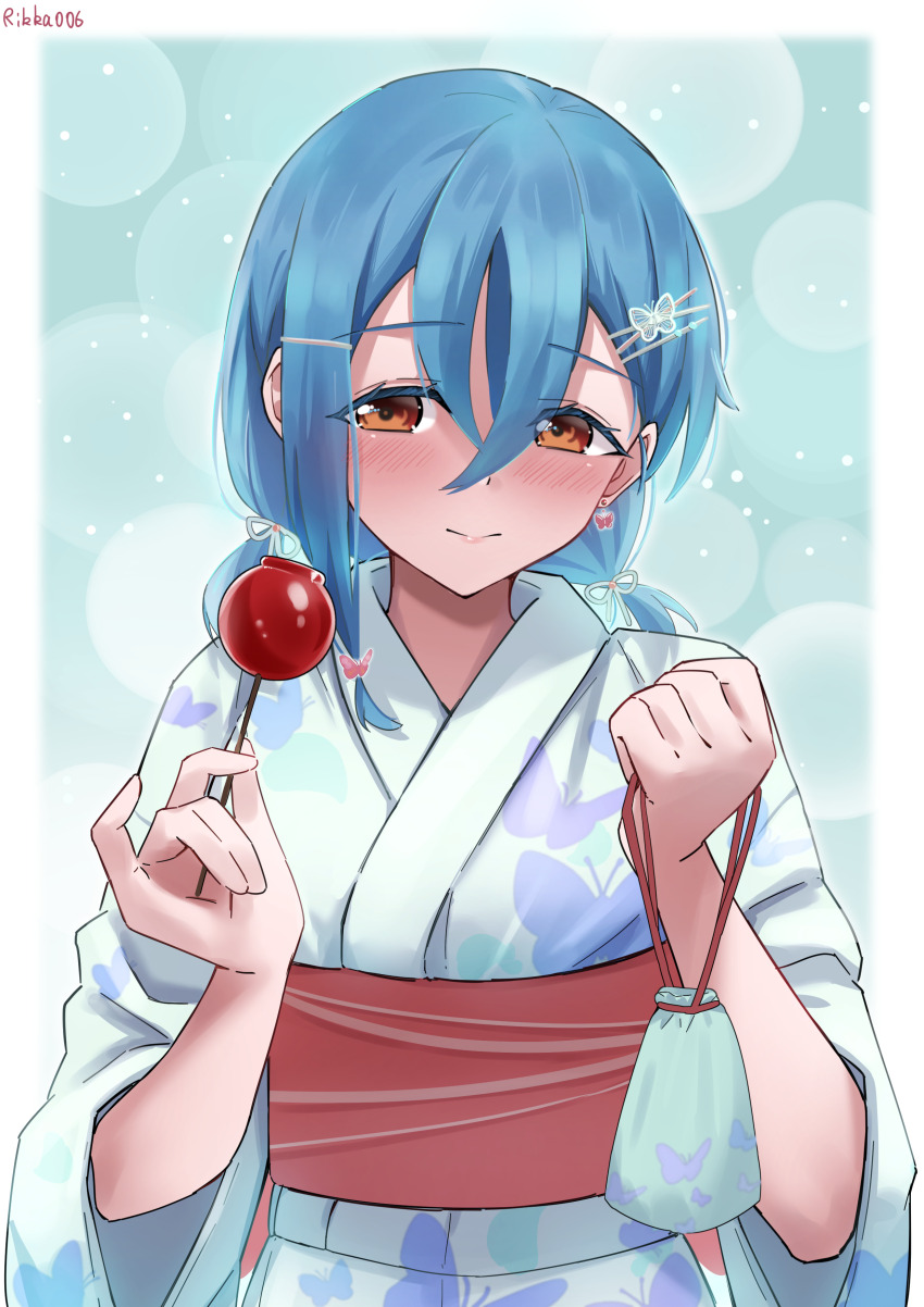 1girl, absurdres, alternate_costume, animal_print, aqua_background, artist_name, averting_eyes, bag