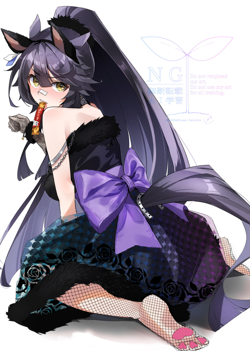 1girl, absurdres, alternate_costume, animal_ears, bandaid, bandaid_on_face, bandaid_on_nose, bare_shoulders