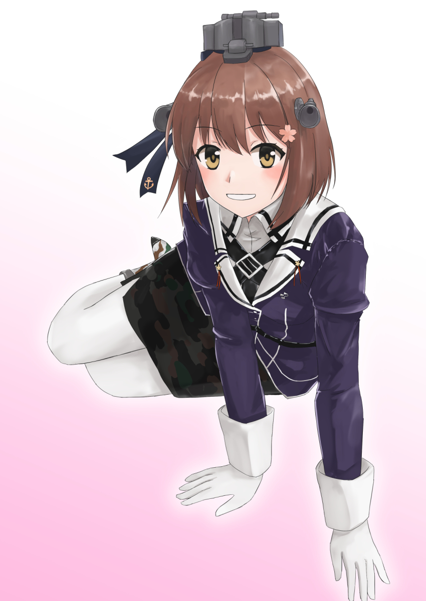 1girl, blush, brown_eyes, brown_hair, cosplay, gloves, gradient_background, hair_ornament