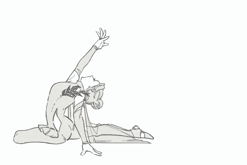 2girls, animated, animated_gif, arm_support, arm_up, athletic_leotard, black_background, cape, caroline_bartley, cleavage_cutout, clothing_cutout, full_body, greyscale, gymnastics, hair_bun, highres, leotard, long_hair, long_sleeves, monochrome, multiple_girls, official_art, pantyhose, profile, reverse:1999, shoes, short_hair, side_cutout, sitting, spotlight, stirrup_legwear, toeless_legwear, white_background, willow_(reverse:1999)