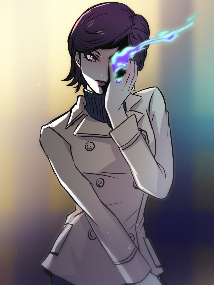 1girl, absurdres, aradia_(megami_tensei), coat, demon_(megami_tensei), gradient_background, hand_on_own_face, hand_over_eye