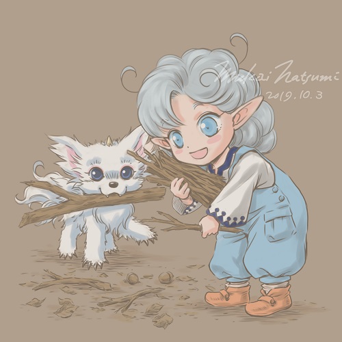 1girl, blue_eyes, blue_overalls, brown_background, brown_shoes, commentary_request, dated, fortune_quest