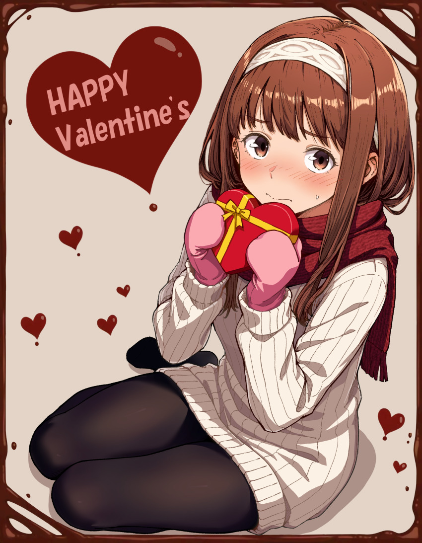 1girl, absurdres, black_pantyhose, blush, bow, box, brown_eyes, brown_hair, chocolate, closed_mouth, dress, enpera, full_body, gift, hairband, happy_valentine, heart-shaped_box, highres, holding, holding_gift, kuny, long_hair, long_sleeves, looking_at_viewer, mittens, original, pantyhose, pink_mittens, red_scarf, ribbed_dress, ribbed_sweater, scarf, sitting, solo, sweatdrop, sweater, sweater_dress, valentine, white_dress, white_sweater, yellow_bow, yokozuwari