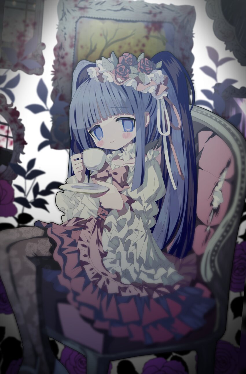 1girl, absurdres, blood, blue_eyes, blue_hair, blunt_bangs, blurry, blush