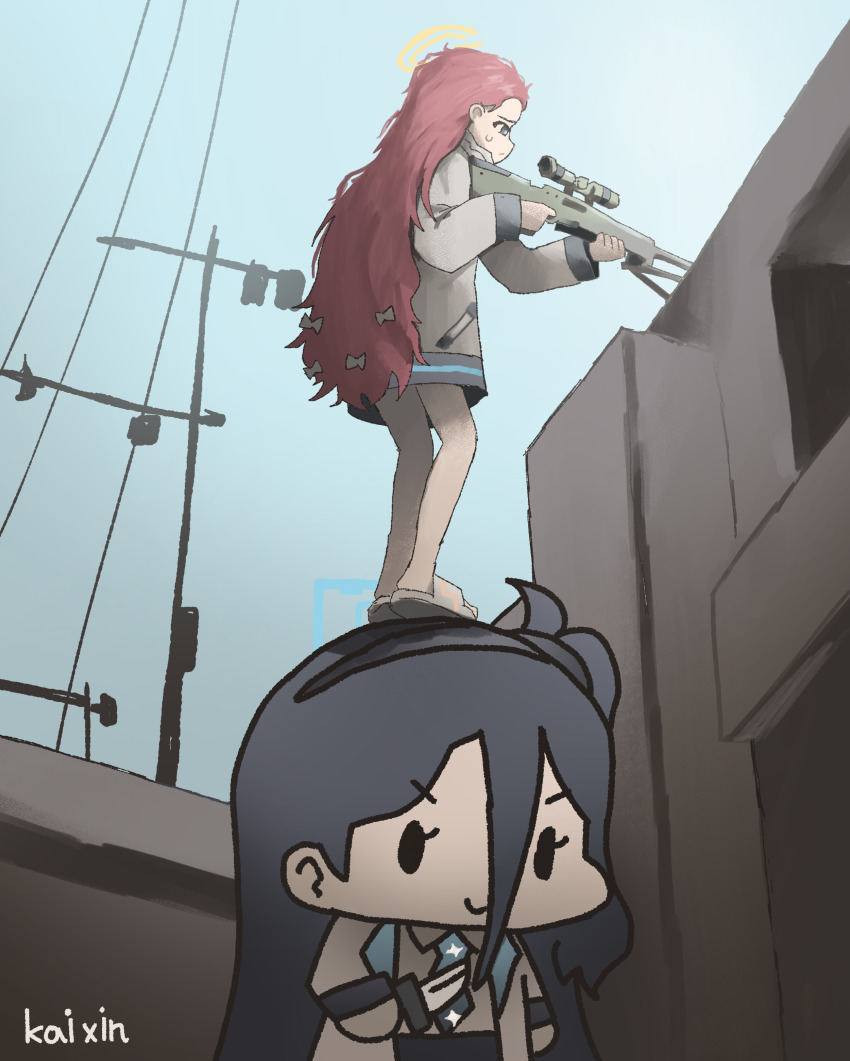 2girls, absurdres, ai_arctic_warfare, aiming, aris_(blue_archive), artist_name, blue_archive, blue_necktie