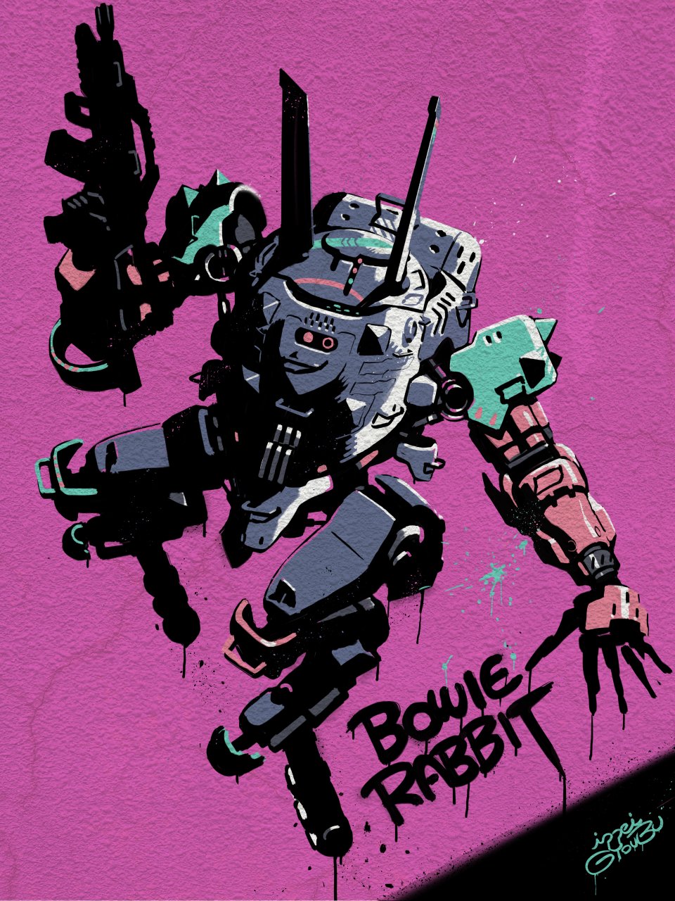 assault_rifle, bowie_rabbit, character_name, cradle_coffin, floating, full_body, gun, gyoubu_ippei