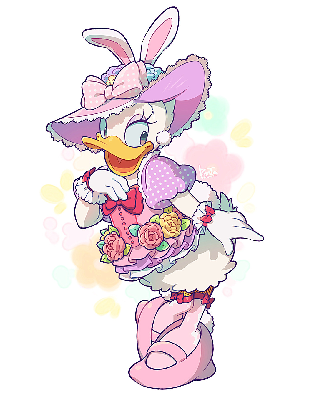 1girl, bow, cosplay, daisy_duck, dancer, disney, disneyland, easter