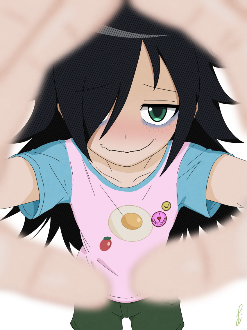 1girl, ahoge, bags_under_eyes, black_hair, blush, collarbone, facing_viewer, female_focus