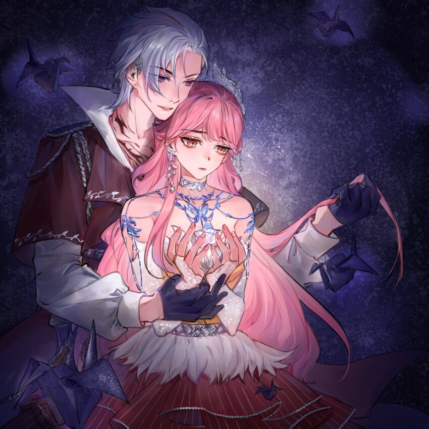 1boy, 1girl, asymmetrical_bangs, binglanxianqi, black_gloves, black_tunic, bridal_gauntlets, brown_eyes, butterfly_net, chest_tattoo, choker, closed_mouth, collared_shirt, commentary, cowboy_shot, dark, dress, earrings, english_commentary, fairytale_swan_(infinity_nikki), feather-trimmed_dress, feather_hair_ornament, feathers, fingernails, flame_tattoo, giovanni_(infinity_nikki), gloves, gold_ring, gown, grey_hair, hair_ornament, hand_net, heads_together, hetero, highres, holding, holding_another's_hair, holding_another's_wrist, holding_star, infinity_nikki, jewelry, lace_bridal_gauntlets, layered_sleeves, lipstick, long_hair, long_sleeves, looking_at_object, makeup, neck_tattoo, nikki_(nikki), nikki_(series), origami, paper_crane, parted_lips, pink_dress, pink_hair, pink_lips, purple_background, purple_eyes, sad, shirt, short_hair, short_over_long_sleeves, short_sleeves, smirk, spoilers, standing, star_(symbol), strapless, strapless_dress, striped_clothes, striped_dress, tattoo, teeth, tunic, vertical-striped_clothes, vertical-striped_dress, very_long_hair, whimstar_(infinity_nikki), white_bridal_gauntlets, white_shirt, yarn
