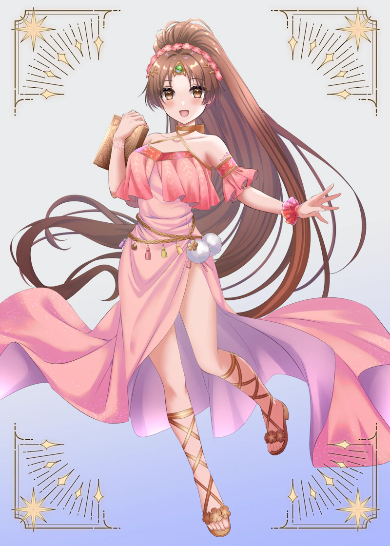 1girl, bare_shoulders, blue_background, book, breasts, brown_eyes, brown_hair, circlet, criss-cross_halter, day, dress, fire, fire_emblem, fire_emblem:_mystery_of_the_emblem, fire_emblem:_shadow_dragon_and_the_blade_of_light, flower, full_body, hair_flower, hair_flower_band, hair_ornament, halter_dress, halterneck, holding, holding_book, kakiko210, linde_(fire_emblem), long_hair, looking_at_viewer, medium_breasts, nintendo, open_mouth, pink_dress, pom_pom_(clothes), ponytail, sandals, smile, solo, toes, very_long_hair