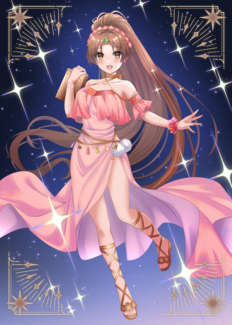 1girl, bare_shoulders, blue_background, book, breasts, brown_eyes, brown_hair, circlet