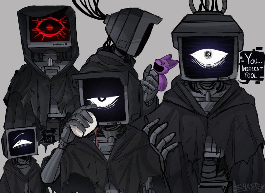 artist_name, black_cape, cable, cape, commentary, cup, dr._harley_sawyer, english_commentary, english_text, grey_background, highres, holding, holding_cup, multiple_views, no_humans, object_head, poppy_playtime, robot, shast3yy, simple_background, speech_bubble, spilling, torn_cape, torn_clothes