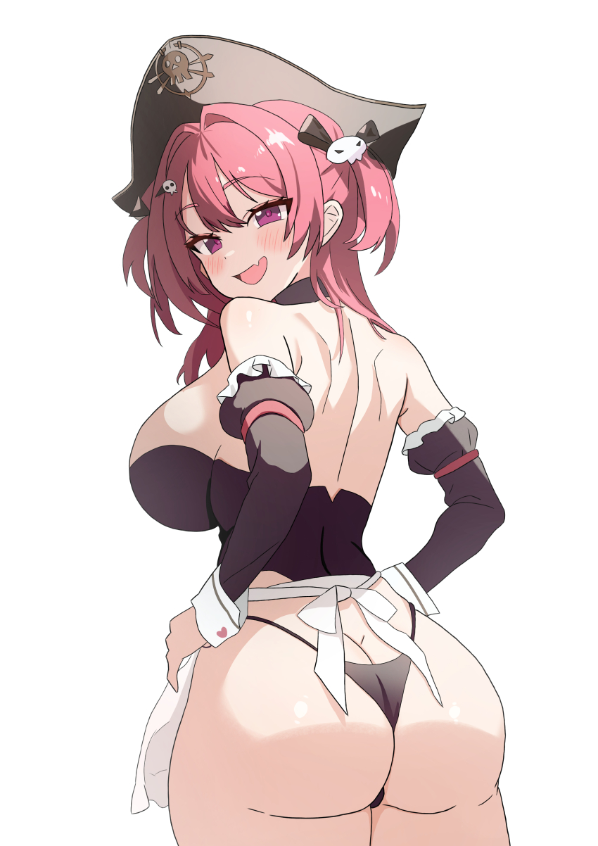 1girl, absurdres, apron, ass, back, bare_shoulders, black_corset, black_hat, black_panties, black_ribbon, black_sleeves, blush, breasts, commentary, corset, detached_sleeves, fang, frilled_apron, frills, from_behind, goddess_of_victory:_nikke, hair_ornament, hair_ribbon, hat, hat_ornament, highres, large_breasts, looking_at_viewer, looking_back, mast_(nikke), mast_(romantic_maid)_(nikke), median_furrow, midang, open_mouth, panties, pink_eyes, pink_hair, pirate_hat, ribbon, shoulder_blades, simple_background, skin_fang, skull_hair_ornament, skull_hat_ornament, sleeve_garter, smile, solo, thighs, underwear, waist_apron, white_apron, white_background, white_wrist_cuffs, wrist_cuffs